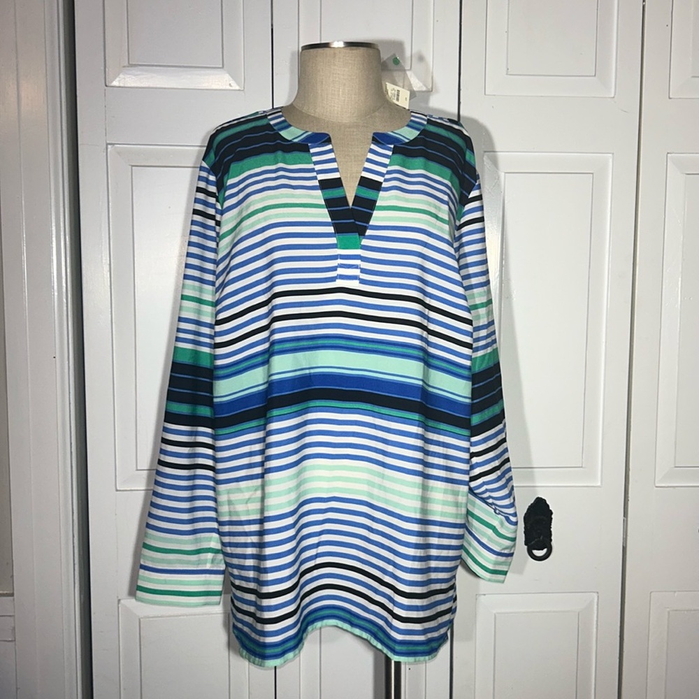 NWT Talbots Plus Size 2X Blue & Green Striped Long Sleeve V Neck Blouse